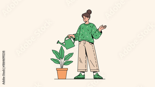Illustration of a woman watering a potted plant demonstrating nurturing and care