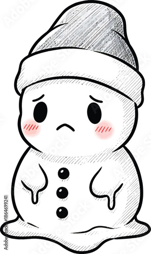 Sad Melting Snowman Cartoon Character with Hat, Cute Sadness
