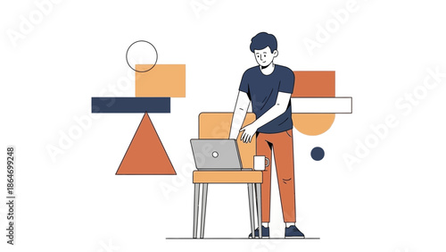 Modern young man working on laptop at home with minimalistic abstract decor design