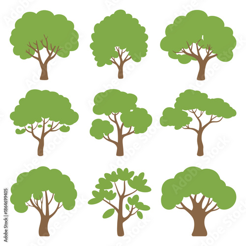 Collection of nine stylized green trees show varied canopy shapes.