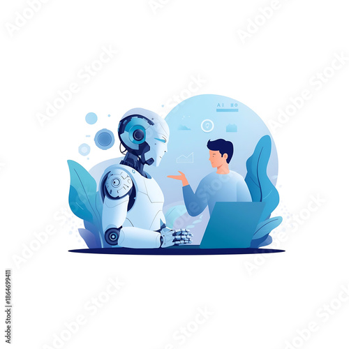 Human and artificial intelligence robot collaborating in a professional setting, symbolizing the future of technology, machine learning, and innovative human-AI partnership