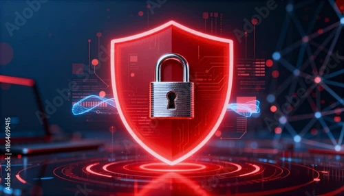 glowing red cybersecurity shield and padlock for data protection perfect for safer internet day
