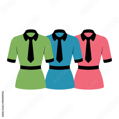 Three business uniform shirts with black ties are displayed side.
