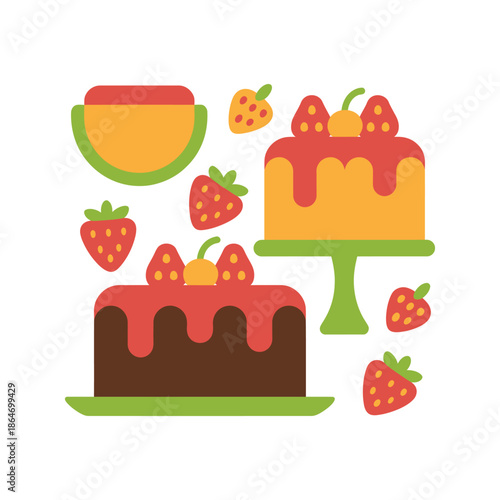 Delicious strawberry cakes and pastries are arranged for a sweet.