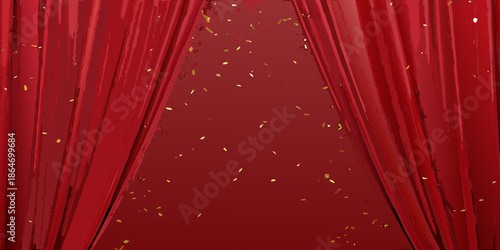 Red stage curtains parted with golden confetti falling a dramatic presentation