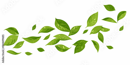 A scattering of vibrant green leaves against a plain white background