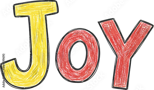 Handwritten Word 'Joy' in Cheerful Yellow and Red Colors, Childlike Drawing Style