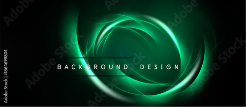 Abstract green swirls create dynamic background. Elegant curves suggest movement, energy, modern aesthetic. Dark backdrop enhances luminosity.