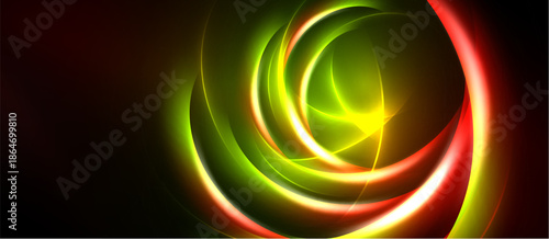 Abstract swirls, vibrant colors blend. Green, yellow, red radiate from center. Dark background emphasizes luminous shapes.