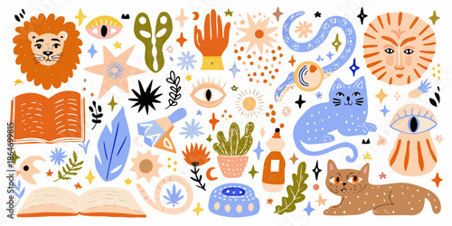 A whimsical illustration featuring lions cats eyes books and various magical elements