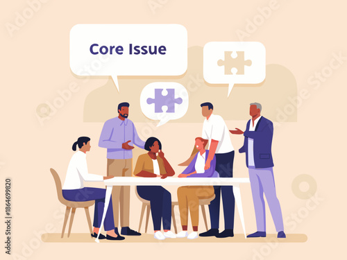 Team discussing a core issue represented by a puzzle piece connection