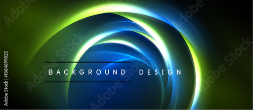 Abstract design features vibrant glowing layers. Circular shapes blend green, blue, yellow hues. Dark background emphasizes luminosity.