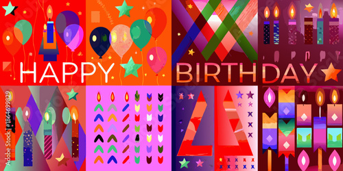 Colorful birthday celebration with balloons stars and festive geometric patterns