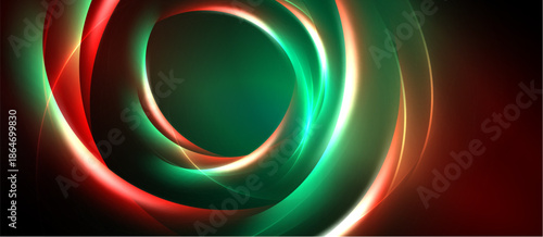 Abstract design features swirling lines, vibrant green, red hues. Dynamic composition creates circular motion, dark background emphasizes luminosity.
