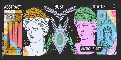 Collage of classical busts and abstract geometric shapes in vibrant colors