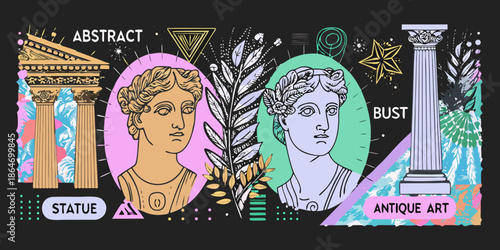 Abstract art featuring classical busts columns and botanical elements in a collage