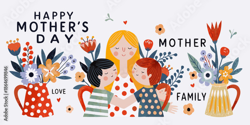 A warm illustration of a mother and daughters celebrating mother s day