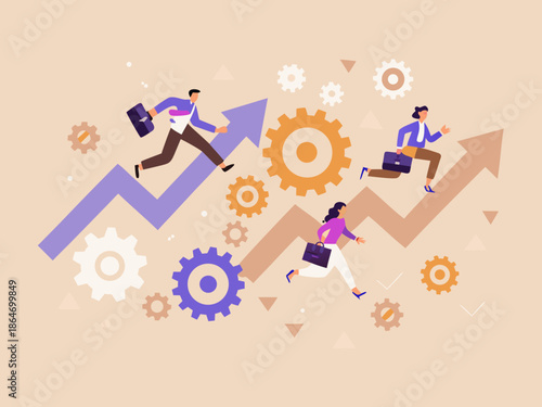 Business people running up arrows amidst gears and growth concepts