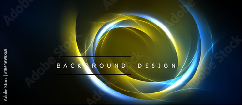 Abstract design features glowing circular shapes, blue, yellow hues against dark backdrop. Modern, dynamic visual element.