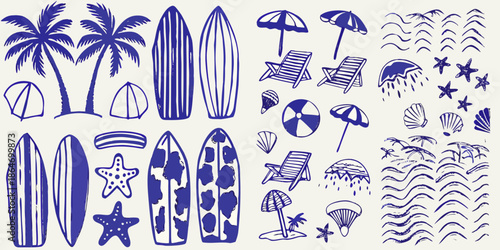 A collection of summer beach elements in a blue and white illustration