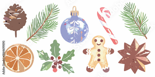 Watercolor christmas elements pine cones ornaments and festive holiday treats