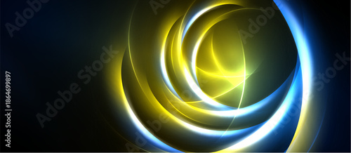 Abstract swirls, vibrant yellow, blue hues create dynamic energy. Light radiates, forming circular patterns against dark backdrop.