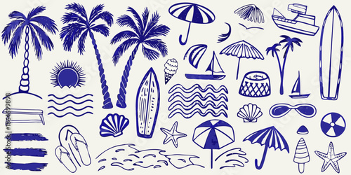 A collection of hand drawn summer icons including palm trees and beach items