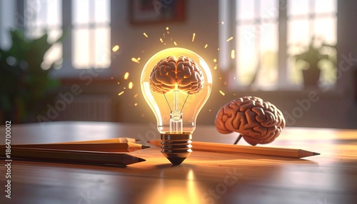 Glowing Light Bulb with Brain-Shaped Filament and Brain Models on Wooden Surface in Warmly Lit Room