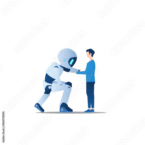 Friendly humanoid robot shaking hands with a human, representing technological partnership, artificial intelligence collaboration, and a future of innovation