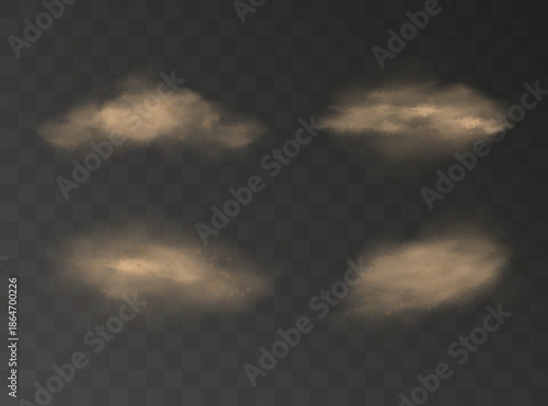Dust sand cloud on transparent background. Sandstorm with flying dust particles. Realistic set of sand cloud. The desert concept. Vector illustration