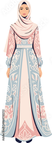 Illustration of a woman wearing a pink and blue hijab and dress with white designs on a white background.