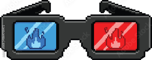 Pixel art 3D glasses, flame lens design, retro eyewear icon, dual color fire concept, flat vector illustration