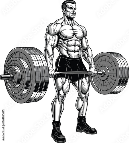 Deadlift illustration, muscular man lifting barbell, strength training pose, fitness workout art, bodybuilding concept, flat vector illustration