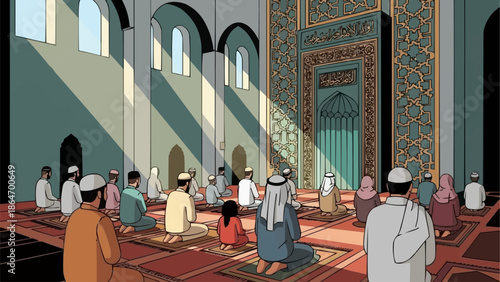 Muslims praying together in a mosque during daylight.