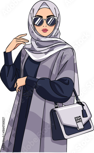 Illustration of a woman wearing a hijab, sunglasses, and a long grey robe with a white and black handbag on a white background.