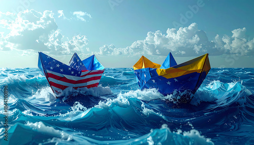 Paper boats made from US and Venezuela flags heading to whirlpool