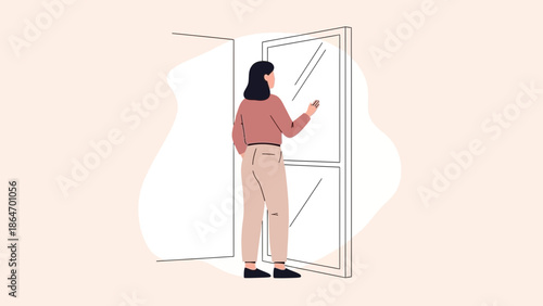 woman opening a glass door with a minimalist illustration style