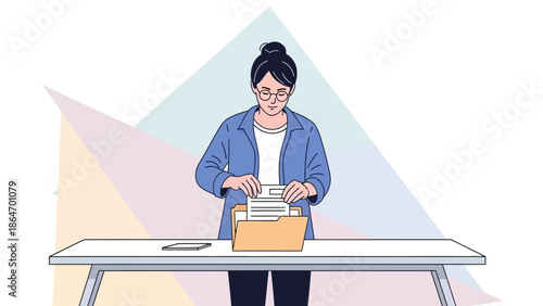 Woman Organizing and Sorting Files in a Modern Office Workspace for Efficient Document Management