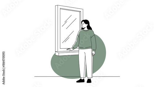 Woman Standing and Looking Out Window, Reflective Indoor Scene Illustration