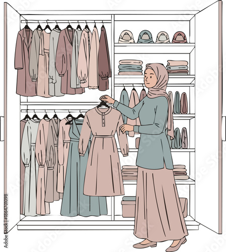 A woman in a hijab standing in an open closet filled with clothes, holding up a dress.