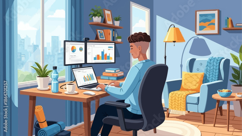 Person working from home at a desk with computers.