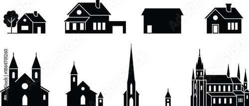 Black silhouette icons of houses, churches, cathedrals, architecture styles, gabled roofs, steeples, spires, windows, doors, religious buildings, residential homes, urban design