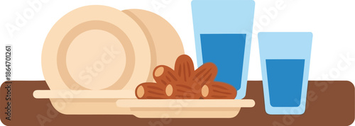 Ramadan Iftar Clipart with Dates and Water Glasses, Saudi Arabian Traditional Meal Illustration