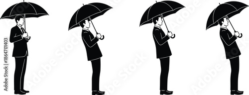 Businessman, umbrella, posture, balance, tilt, motion, sequence, lean, suit, standing, rotation, illustration, concept, isolated, white, background, graphic, progression, pose, silhouette