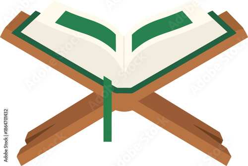 Ramadan Saudi Arabian Quran Clipart – Islamic Holy Book on Rehal, Flat Vector Illustration for Eid and Religious Designs