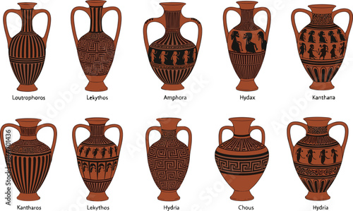 Ancient Greek pottery vector set featuring amphora hydria lekythos krater and traditional ceramic vase illustrations