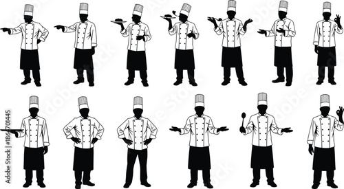 Chef silhouette, culinary pose, kitchen staff, cooking gesture, restaurant uniform, chef hat, food service, professional cook, kitchen action, apron style