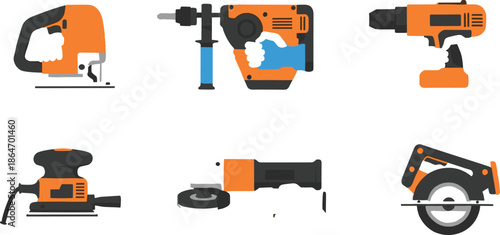 Power tools vector set featuring jigsaw drill hammer grinder sander and circular saw construction equipment