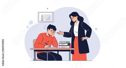 A frustrated female teacher or parent supervises a sad and stressed male student struggling with his studies at a desk.