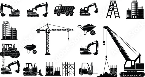 Construction, equipment, excavator, bulldozer, crane, dump truck, forklift, scaffolding, ladder, road roller, infrastructure, building, site, machinery, industrial, engineering, development